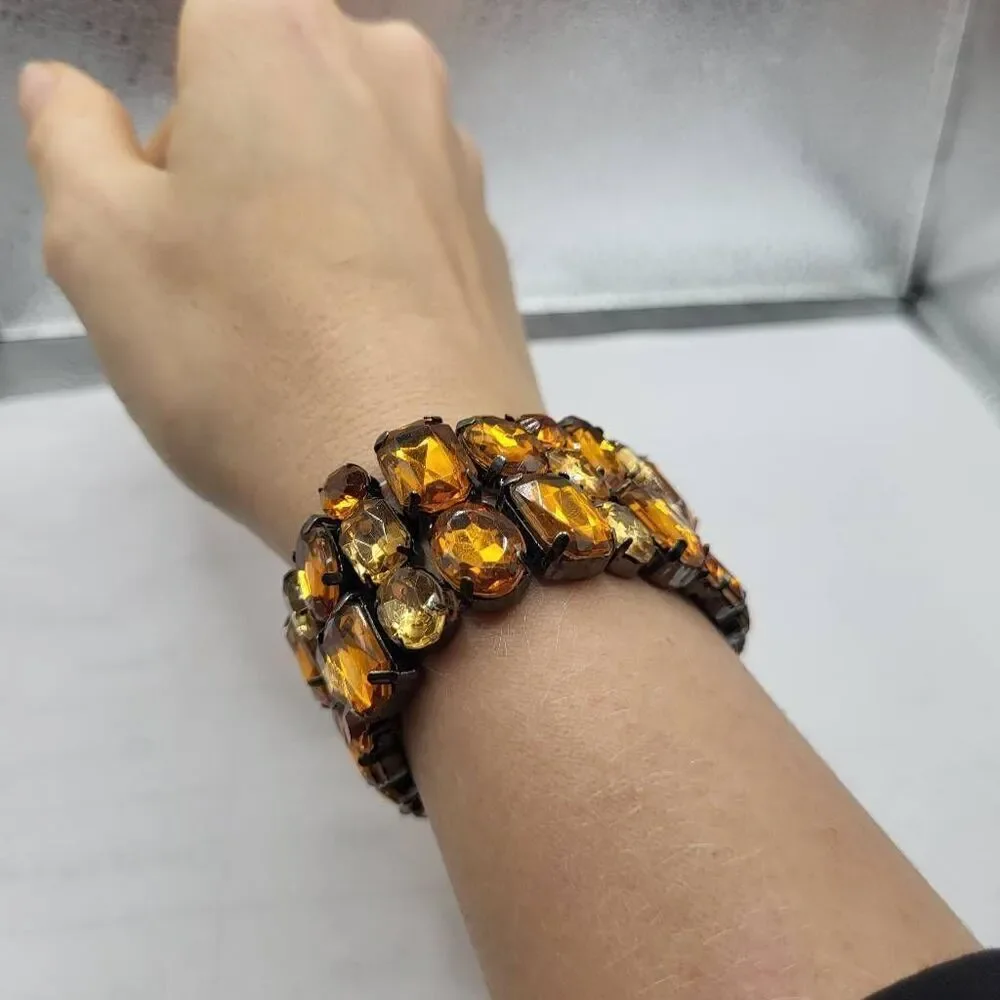 Chunky Topaz Colored Prong Set Stretchy Wide Bangle Bracelet